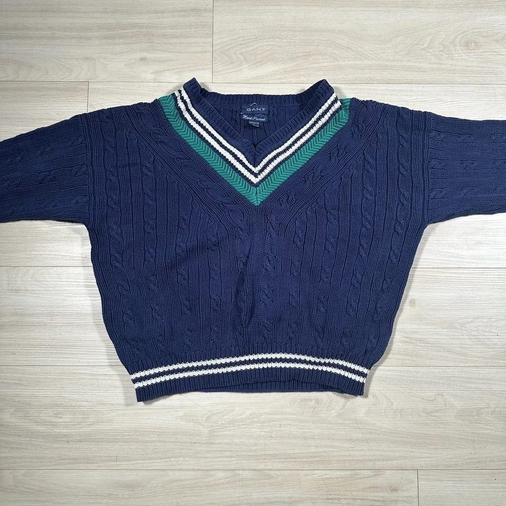 Vintage Gant Sweater Mens Blue Hand Framed 100% Cotton Cable Knit Size Large